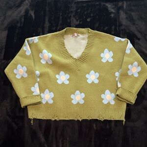 Chic Floral V-Neck Sweater - Olive Green